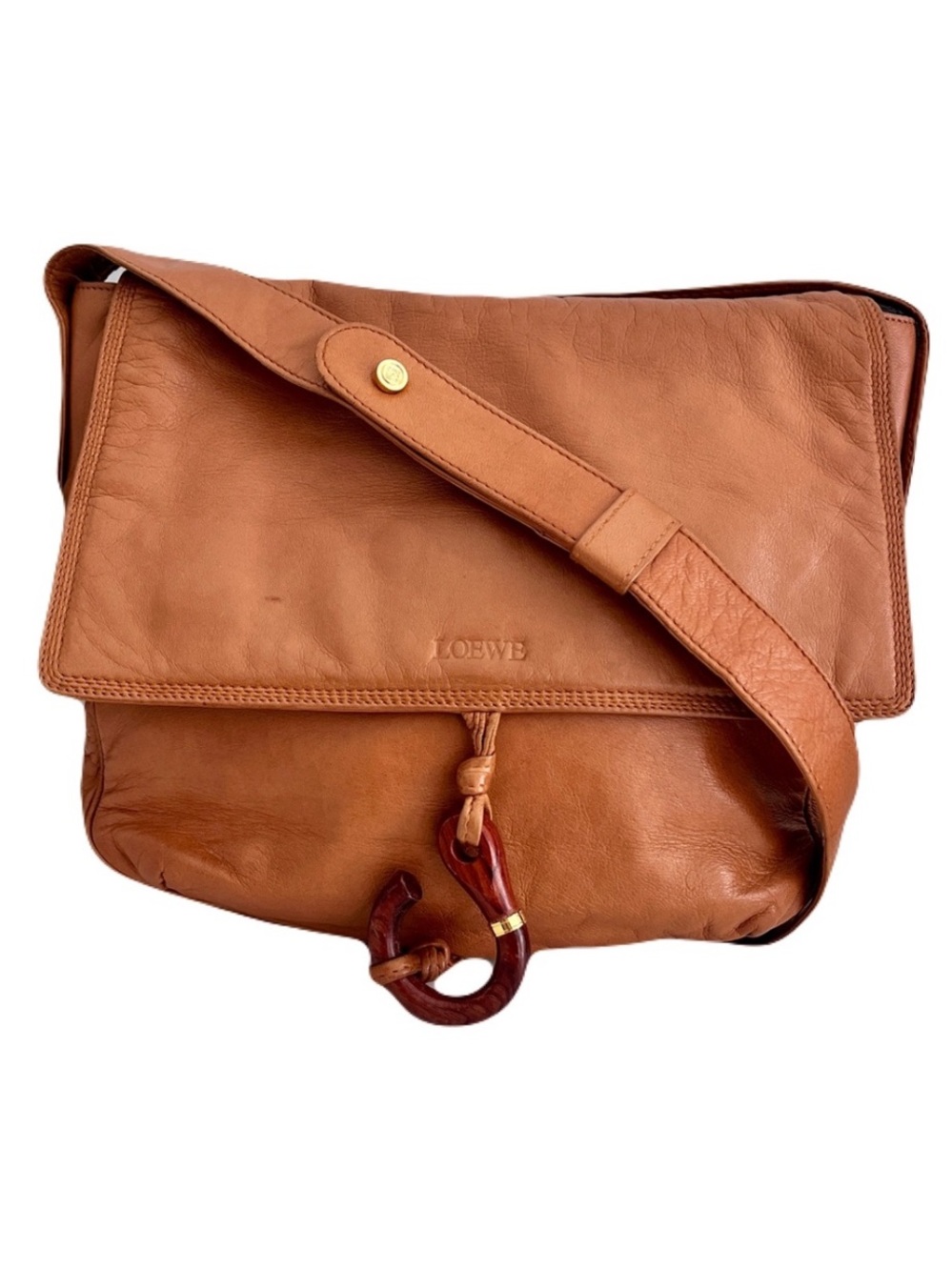 Vintage Loewe Amber Brown Leather Flap Shoulder Bag with Wooden Fishhook
